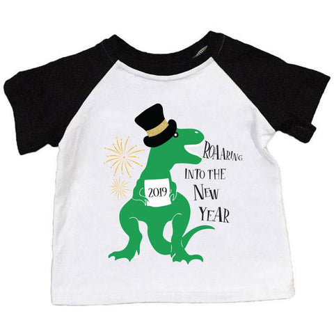 Roaaring Into The New Year Shirt Dinosaur Raglan Black White Boy