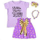 Sun Shine And Tan Lines Outfit Purple Gold Top And Skirt
